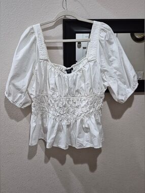 GAP White Smocked Puff Sleeve Peplum Top – Size XL EUC
